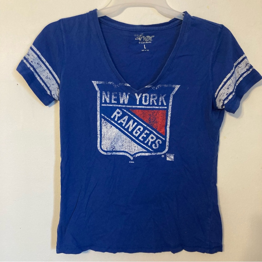 New York Rangers G III 4Her by Carl Banks short sleeve blue V neck T shirt sz L
